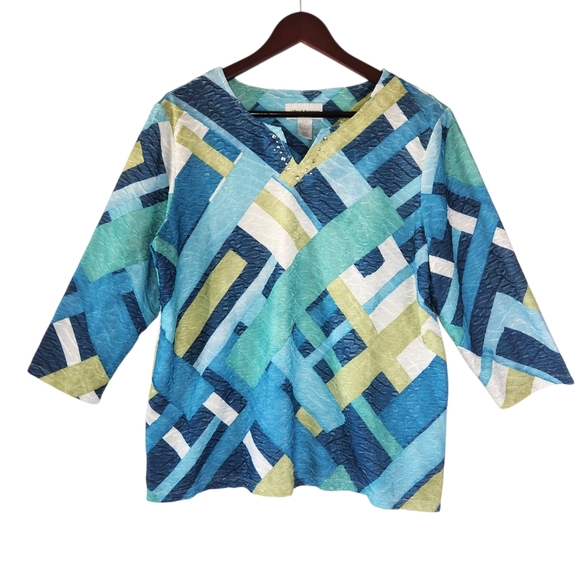 Alfred Dunner Textured Blue and Green Abstract Blouse 3/4 Sleeve Large - Picture 1 of 7
